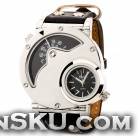 9591 Mineral Dial Stainless Steel Casing PU Band Mens Quartz Analog Wrist Watch - Black + Silver